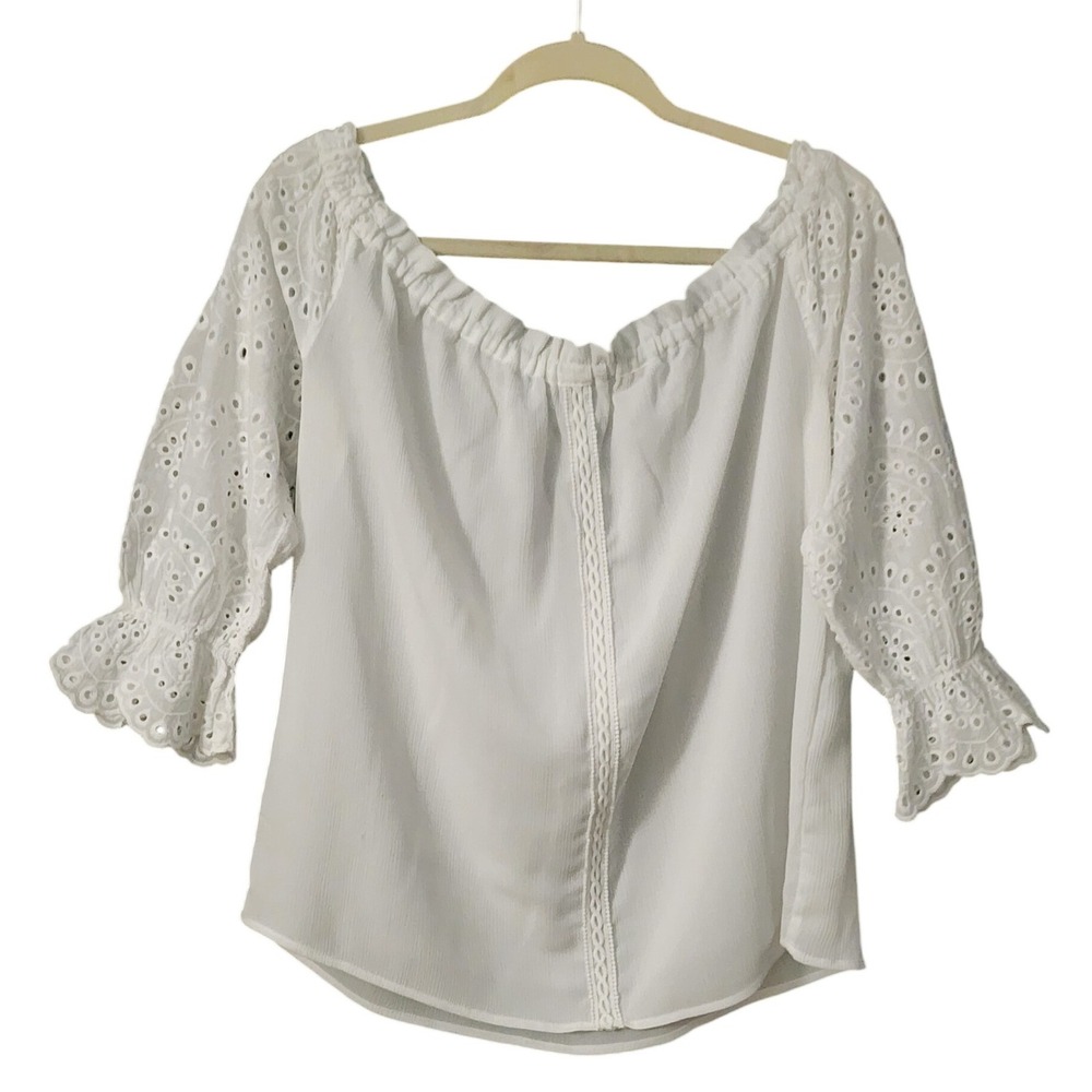 New York & Co Women's Cottagecore White Eyelet Sleeve Off Shoulder Top, Large